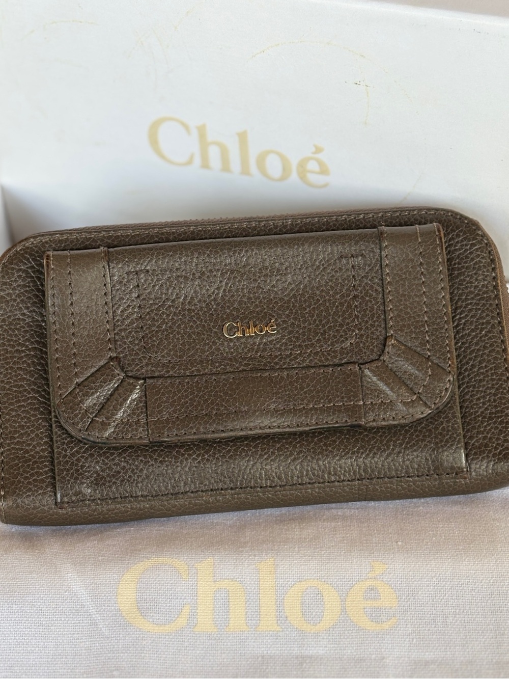 Authentic Chloe’ Paraty Flap Zip Around Wallet Dark Gray Calfskin Leather Gold